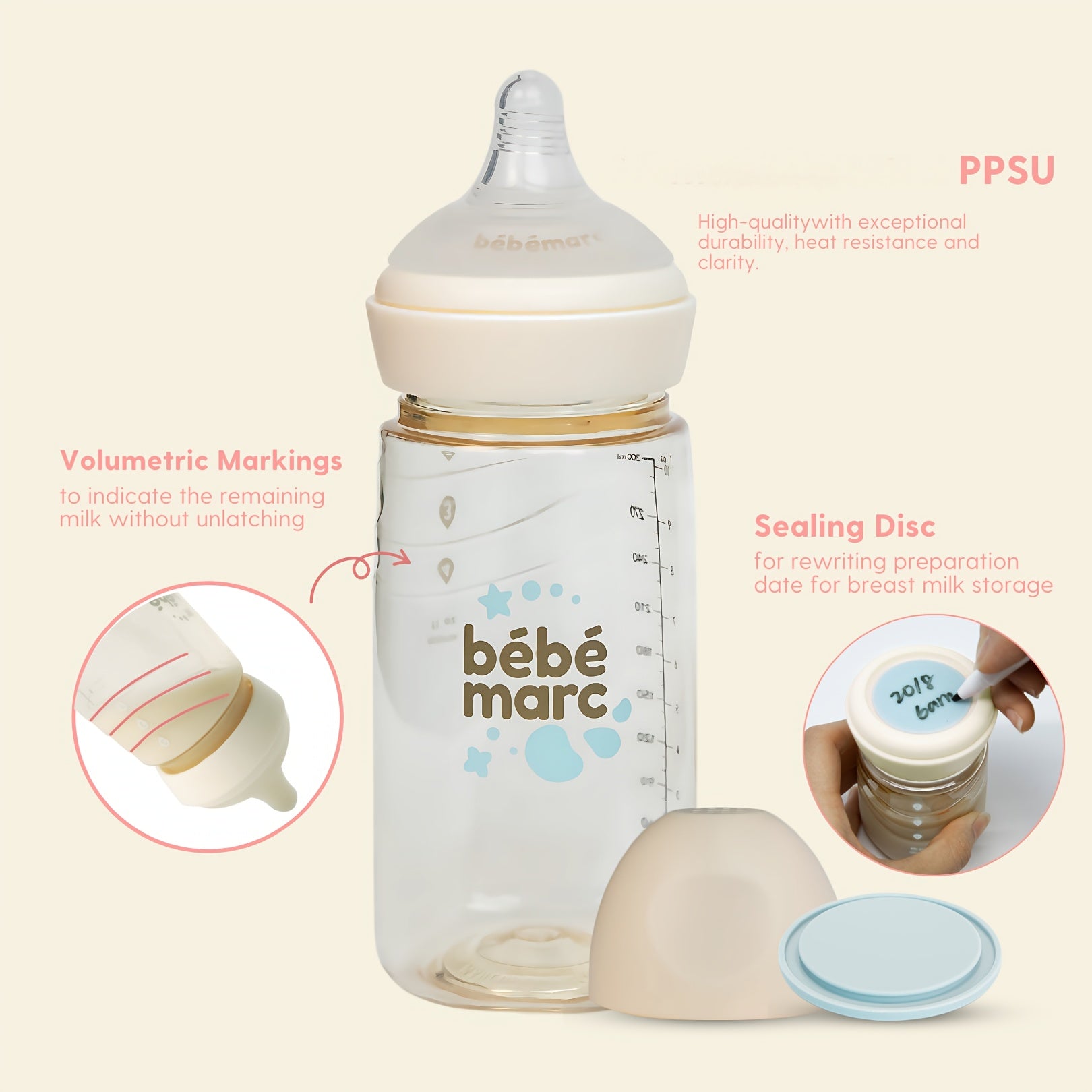 BEBE MARC PPSU Baby Bottle - Breast-like Nipple, Wide Neck For Easy Cleaning, Leak-Proof, Smart Volume Markings, IF Design Award (6.09oz\u002F10.14oz).