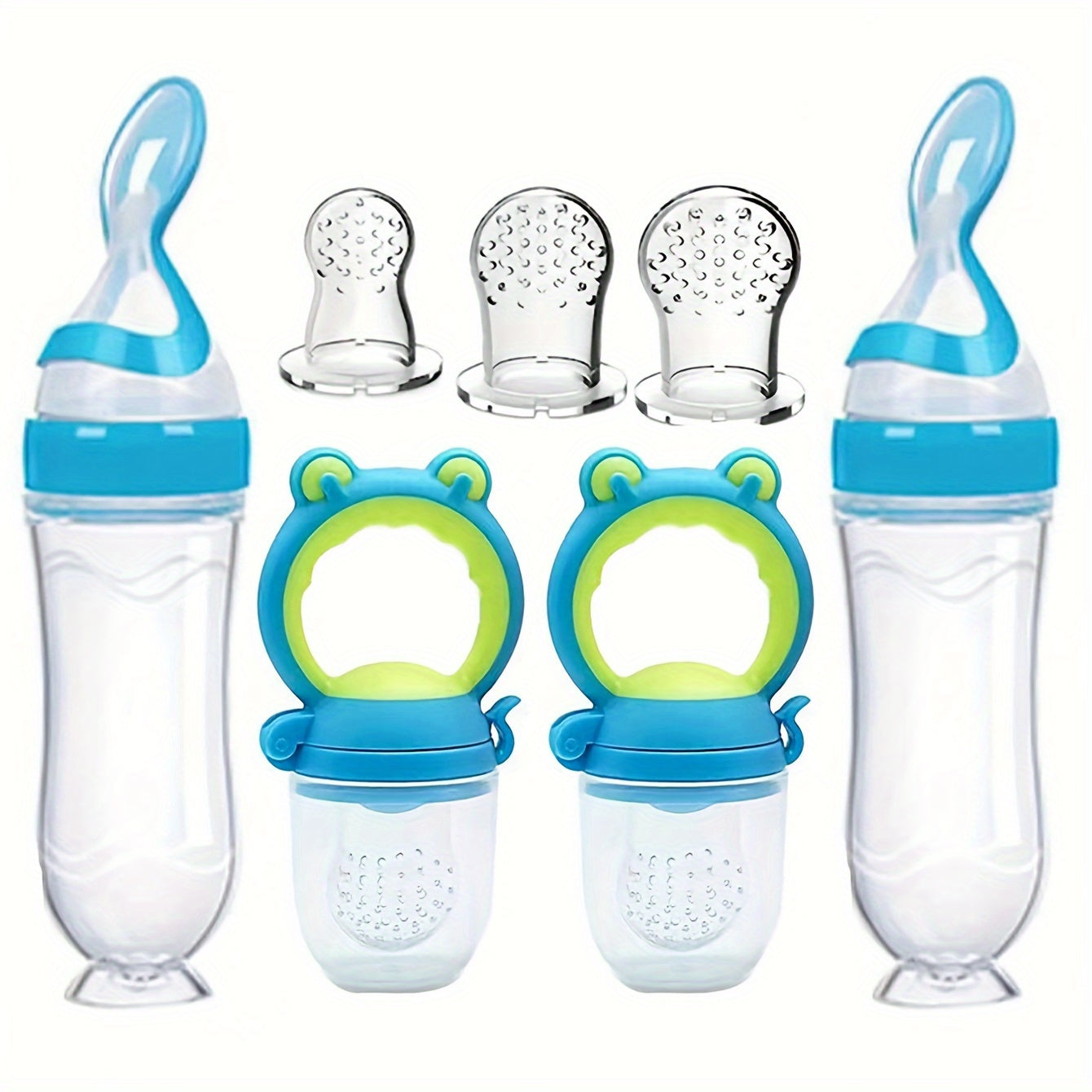 7pcs\u002FSet Baby Feeding Set: 2pcs Silicone Feeding Bottle with Spoon, Squeeze Baby Food Dispensing Feeder, 2pcs Fresh Food Feeder Pacifier, 3-Size Nipples, Toddler Feeding Bottle Set