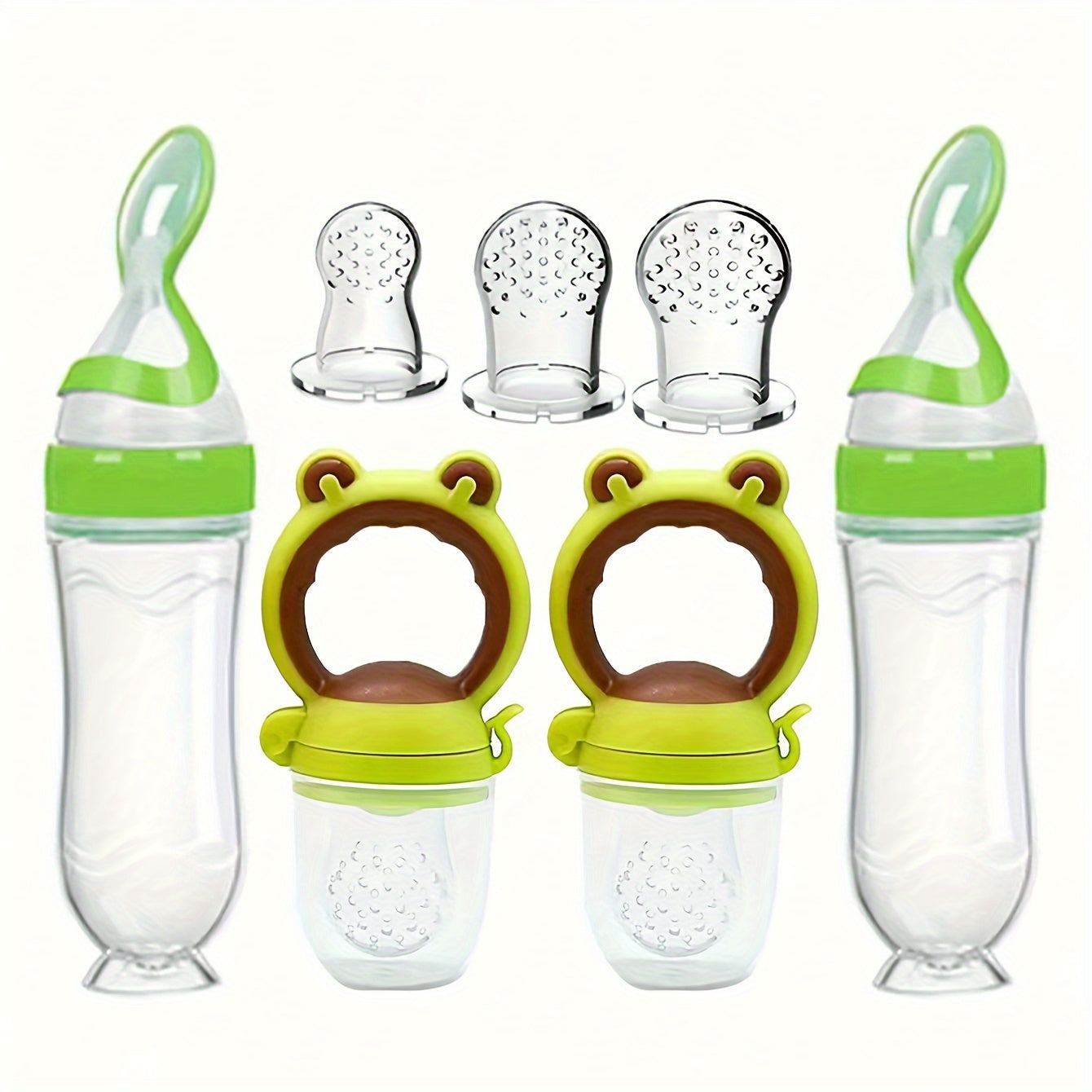7pcs\u002FSet Baby Feeding Set: 2pcs Silicone Feeding Bottle with Spoon, Squeeze Baby Food Dispensing Feeder, 2pcs Fresh Food Feeder Pacifier, 3-Size Nipples, Toddler Feeding Bottle Set
