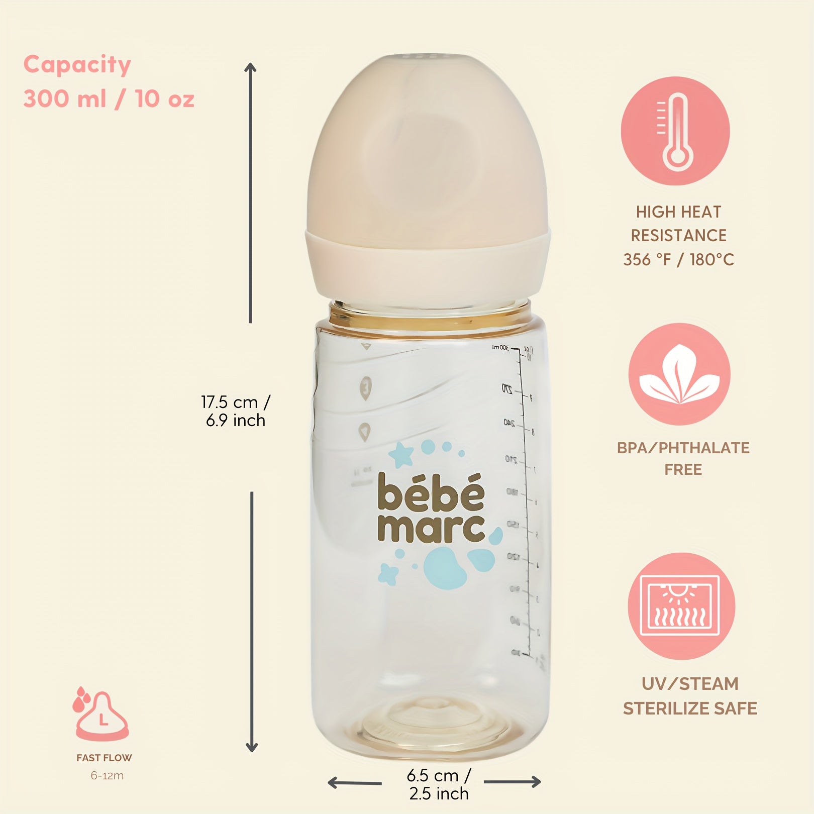 BEBE MARC PPSU Baby Bottle - Breast-like Nipple, Wide Neck For Easy Cleaning, Leak-Proof, Smart Volume Markings, IF Design Award (6.09oz\u002F10.14oz).