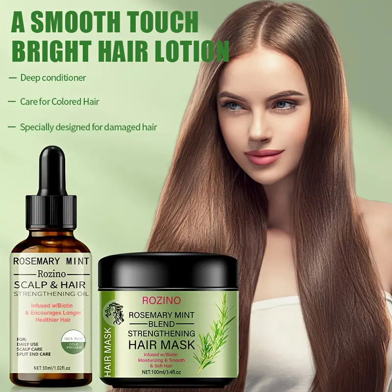 ROZINO Organic Rosemary Hair Mask & Mint Oil Set | Nourishing & Strengthening Treatment for Dry & Damaged Hair, Infused with Biotin & Essential Oils for Deep Conditioning - Haircare