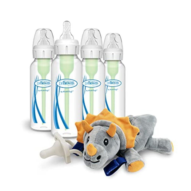Dr. Brown s Natural Flow® AntiColic Options+™ Narrow Baby Bottles 8 oz 250 mL with Level 1 Slow Flow Nipple 4 Pack and Triceratops Lovey with HappyPaci Pacifier 0m+