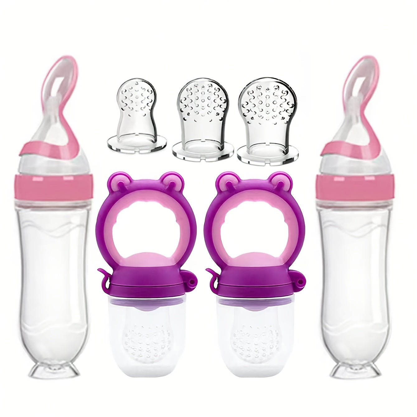 7pcs\u002FSet Baby Feeding Set: 2pcs Silicone Feeding Bottle with Spoon, Squeeze Baby Food Dispensing Feeder, 2pcs Fresh Food Feeder Pacifier, 3-Size Nipples, Toddler Feeding Bottle Set