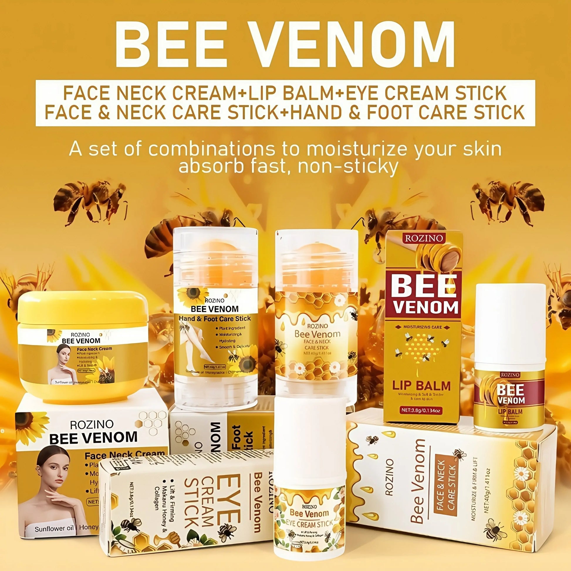 ROZINO 5-Piece Honey Skincare Set — Including Eye Cream Stick, Lip Balm, Face & Neck Cream, Hand & Foot Cream, Infused with Natural Extracts for Moisturizing and Hydrating, Leaving Skin Smooth and Radiant