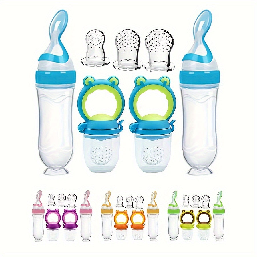 7pcs\u002FSet Baby Feeding Set: 2pcs Silicone Feeding Bottle with Spoon, Squeeze Baby Food Dispensing Feeder, 2pcs Fresh Food Feeder Pacifier, 3-Size Nipples, Toddler Feeding Bottle Set