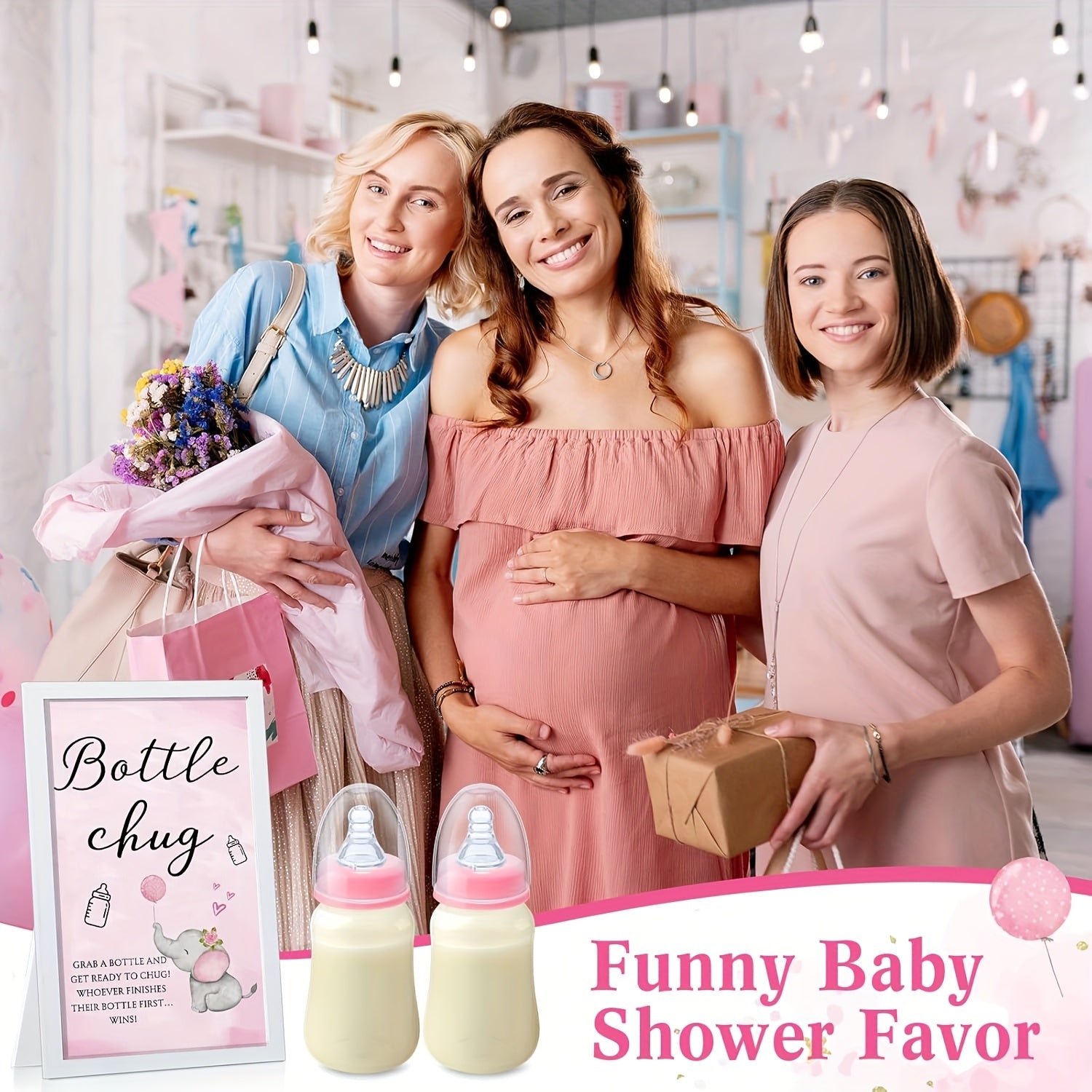 Baby Shower Party Packs, Bottle Chug Baby Shower Game Favors Including Forest Animals Theme Wooden Sign And 18pcs Baby Bottles For Gender Reveal Party Supplies