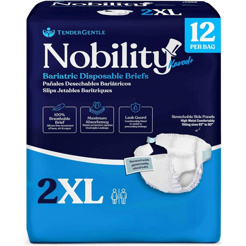 2XL Adult Diapers Women and Men - 12 Bariatric Disposable Briefs with Tabs and Stretchable Side Panels - Breathable with Maximum Absorbency