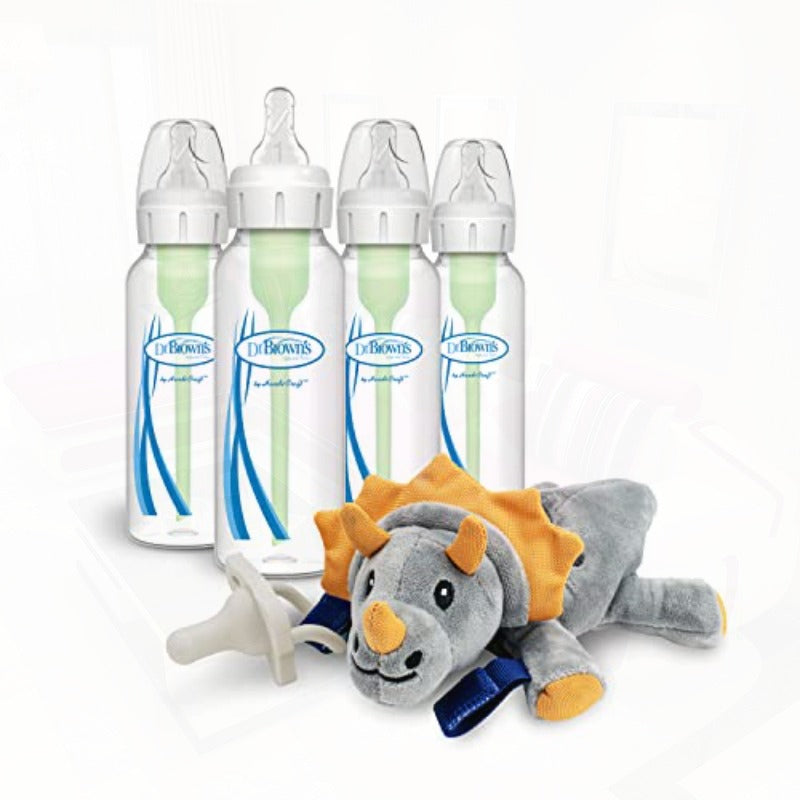 Dr. Brown s Natural Flow® AntiColic Options+™ Narrow Baby Bottles 8 oz 250 mL with Level 1 Slow Flow Nipple 4 Pack and Triceratops Lovey with HappyPaci Pacifier 0m+