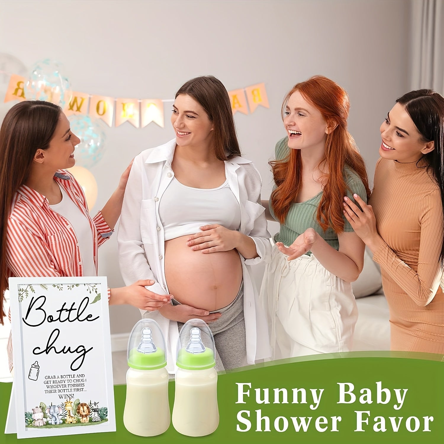 Baby Shower Party Packs, Bottle Chug Baby Shower Game Favors Including Forest Animals Theme Wooden Sign And 18pcs Baby Bottles For Gender Reveal Party Supplies