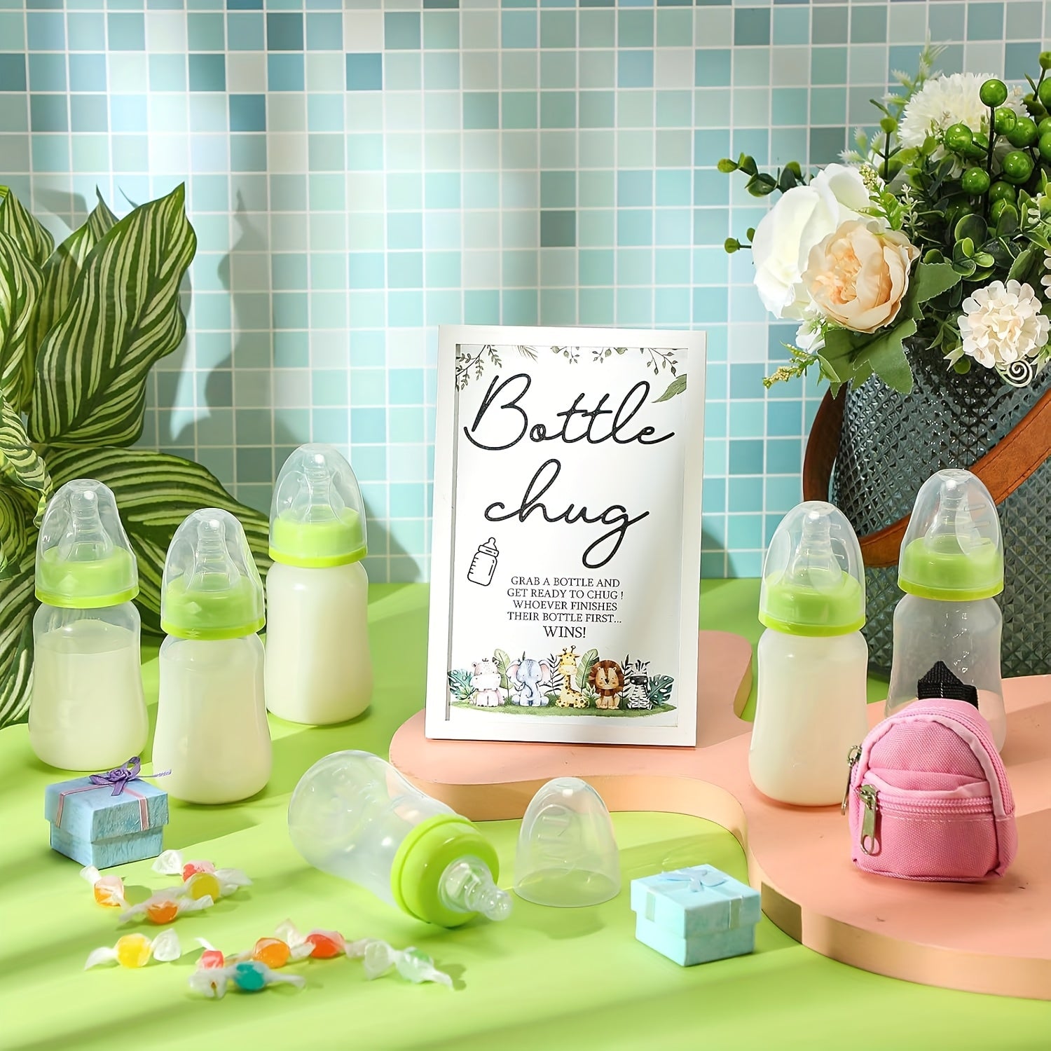 Baby Shower Party Packs, Bottle Chug Baby Shower Game Favors Including Forest Animals Theme Wooden Sign And 18pcs Baby Bottles For Gender Reveal Party Supplies