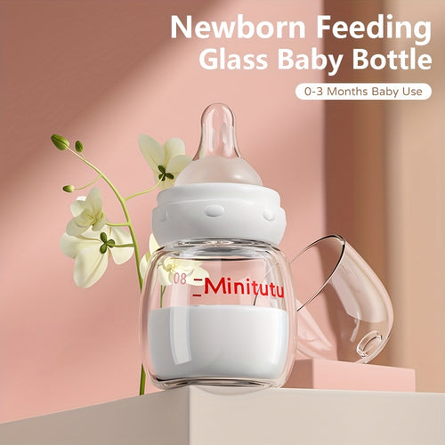 1pc Glass Baby Bottle 1pc 80ml Transparent Glass Baby Bottle with Easy-Grip Handle for 0-6 Months | Standard Caliber
