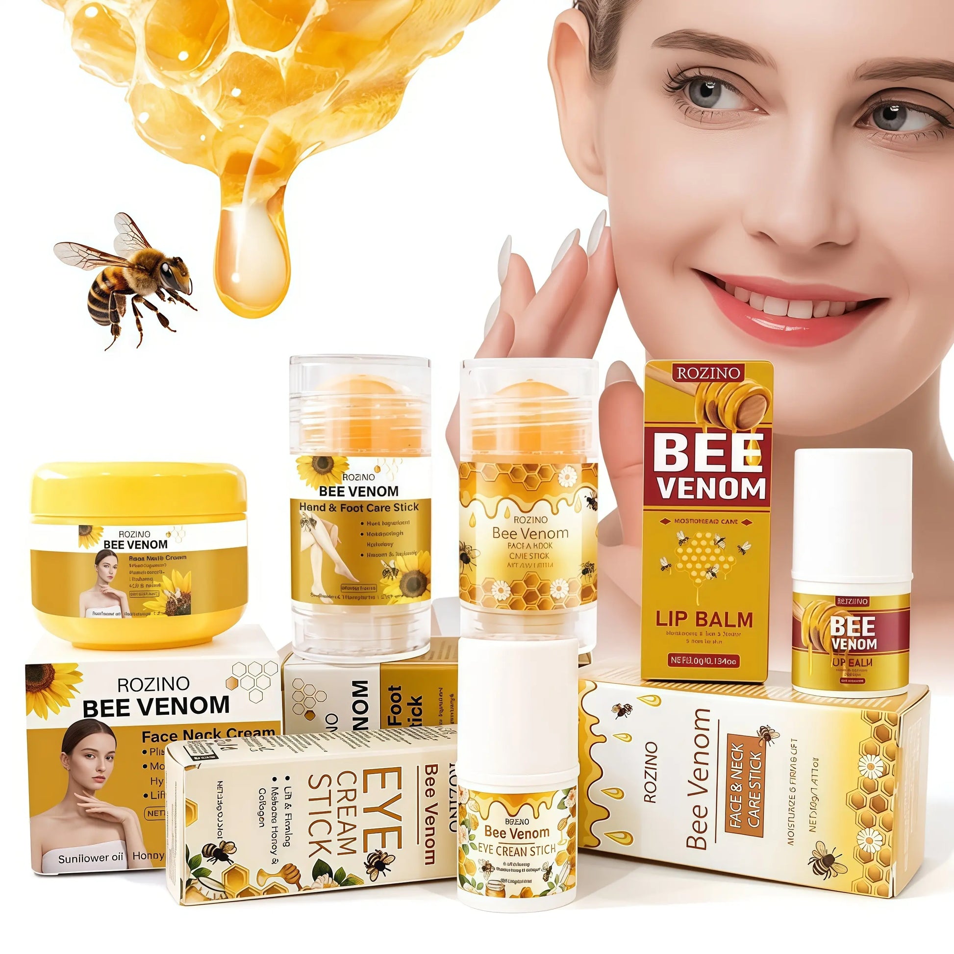 ROZINO 5-Piece Honey Skincare Set — Including Eye Cream Stick, Lip Balm, Face & Neck Cream, Hand & Foot Cream, Infused with Natural Extracts for Moisturizing and Hydrating, Leaving Skin Smooth and Radiant