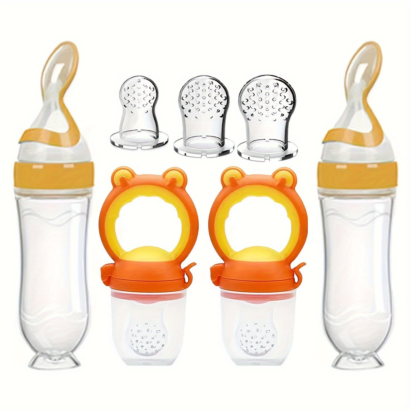 7pcs\u002FSet Baby Feeding Set: 2pcs Silicone Feeding Bottle with Spoon, Squeeze Baby Food Dispensing Feeder, 2pcs Fresh Food Feeder Pacifier, 3-Size Nipples, Toddler Feeding Bottle Set