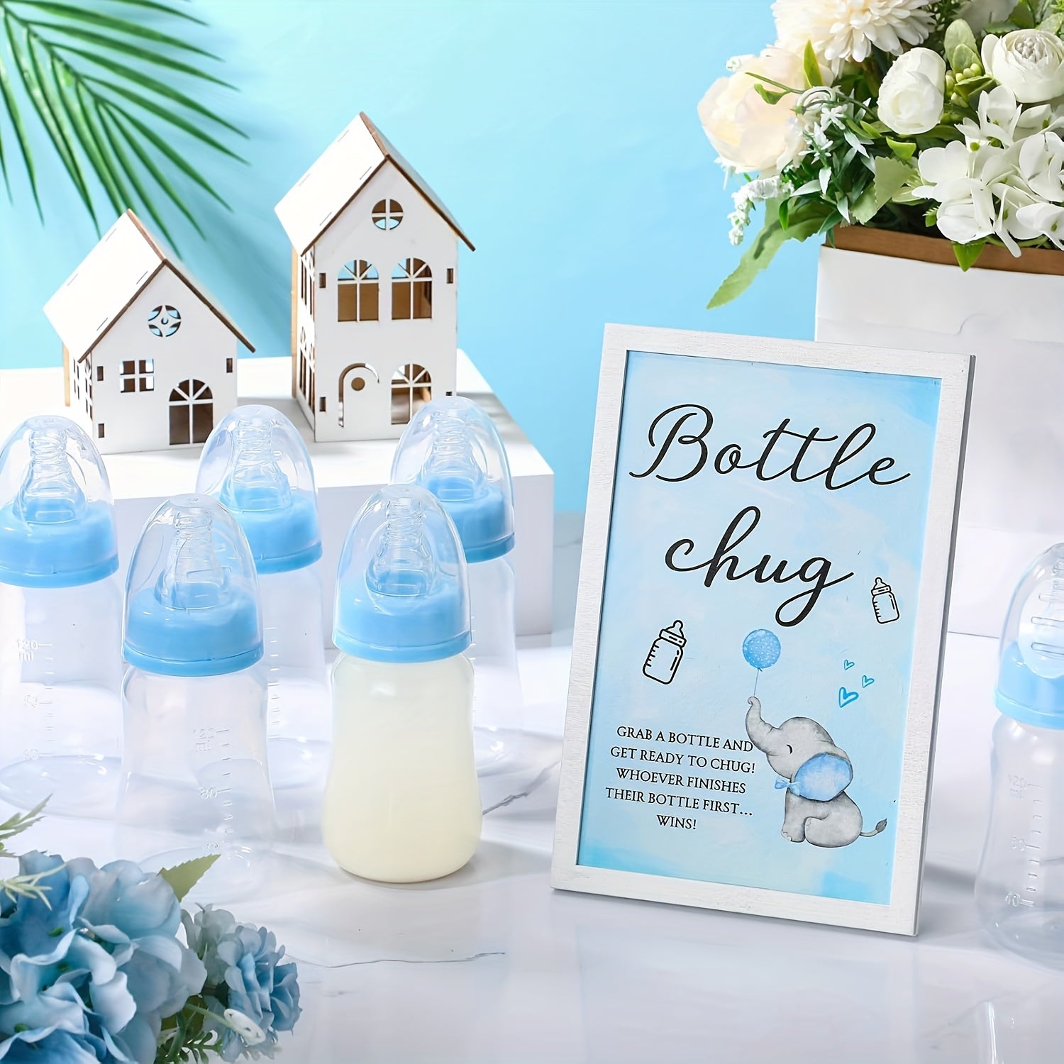 Baby Shower Party Packs, Bottle Chug Baby Shower Game Favors Including Forest Animals Theme Wooden Sign And 18pcs Baby Bottles For Gender Reveal Party Supplies