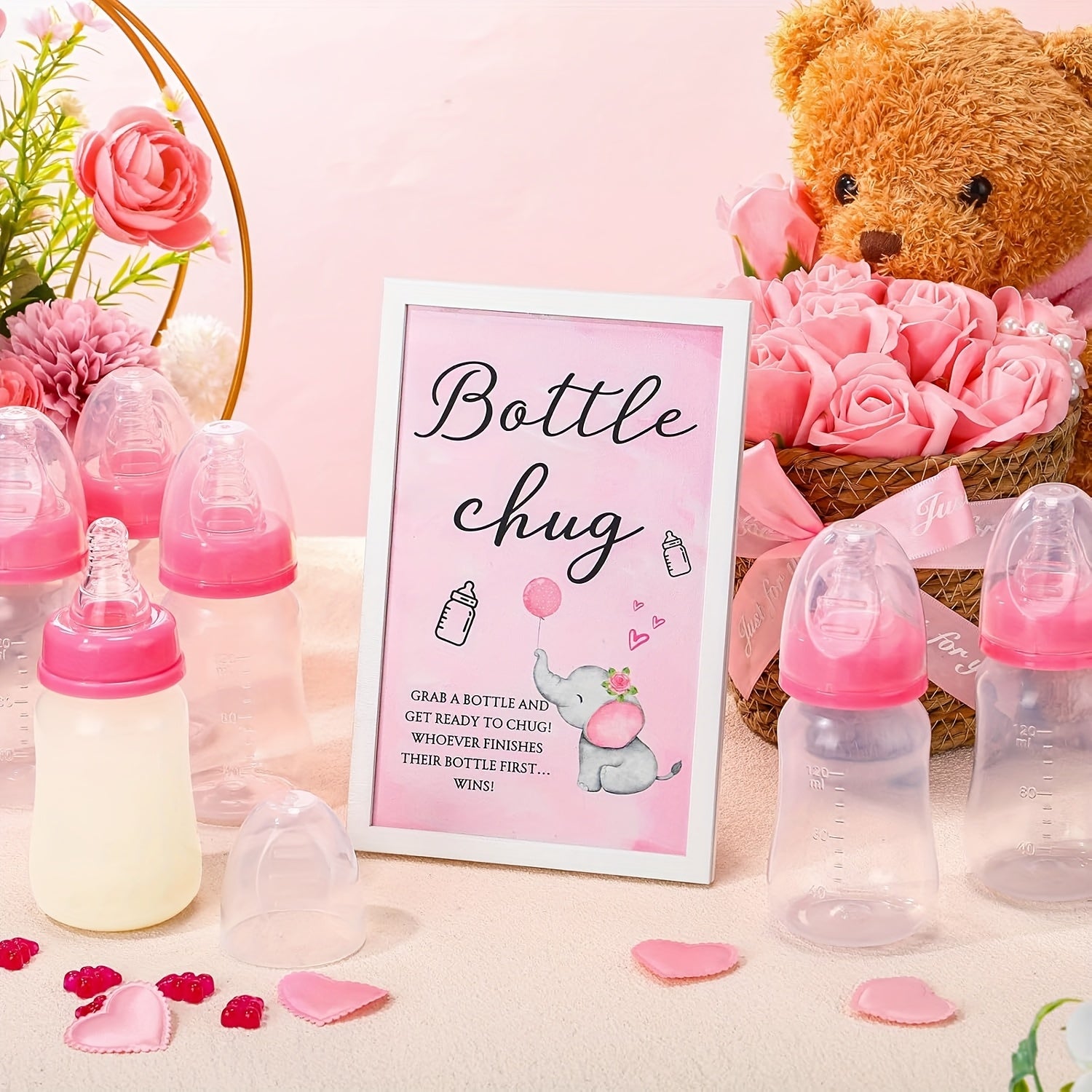 Baby Shower Party Packs, Bottle Chug Baby Shower Game Favors Including Forest Animals Theme Wooden Sign And 18pcs Baby Bottles For Gender Reveal Party Supplies