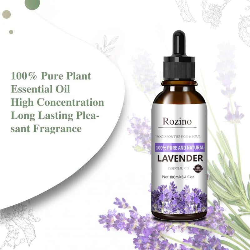 Rozino 100% Pure Natural Lavender Essential Oil - Soothe Skin & Soul, Scalp Relief Tonic, Haircare Solution, 100ml/3.4 fl.oz