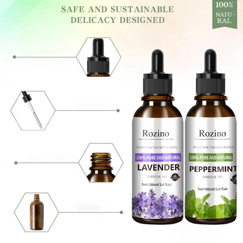 Rozino 100% Pure Natural Lavender Essential Oil - Soothe Skin & Soul, Scalp Relief Tonic, Haircare Solution, 100ml/3.4 fl.oz