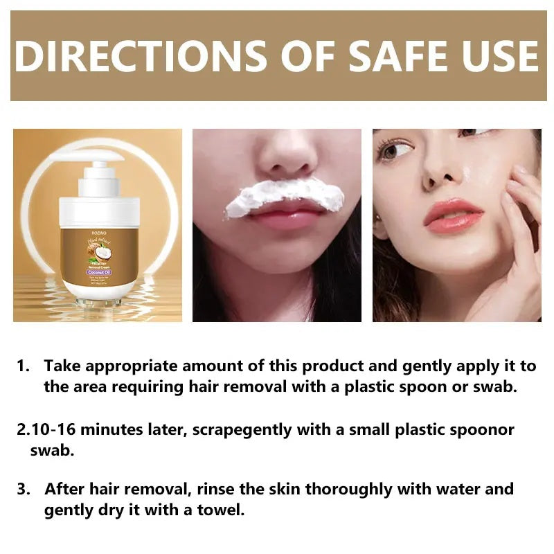 ROZINO Coconut Oil Hair Removal Cream - Gentle & Painless Full Body Depilatory for Face, Arms & Legs