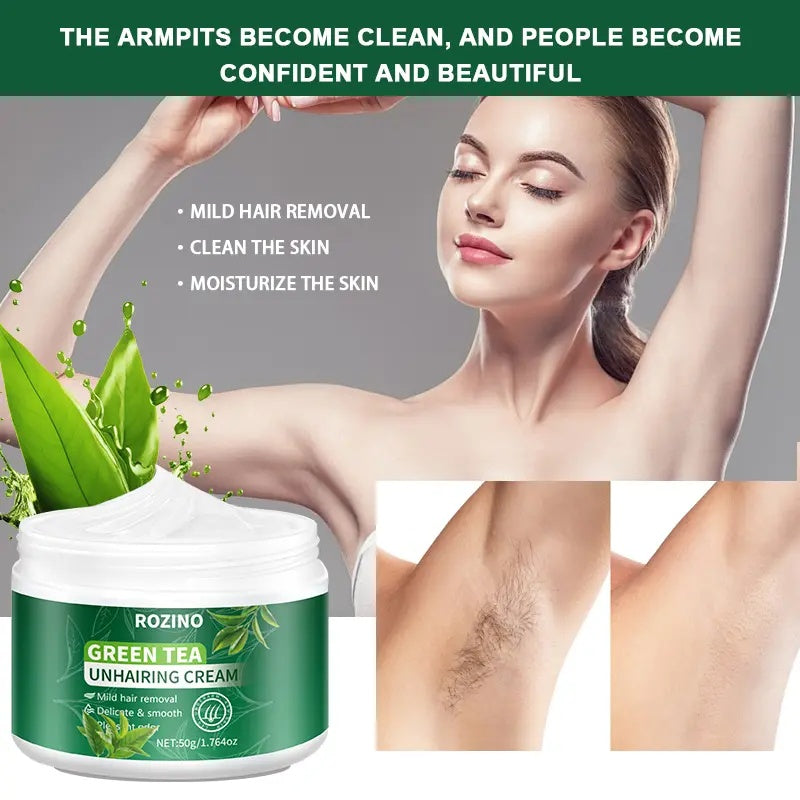 ROZINO Green Tea Unhairing Cream - Painless Gentle Hair Removal for Body Face Bikini Lines & Sensitive Skin - Removes Short Thick Hair - Natural Formula 50g