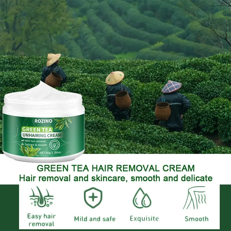 ROZINO Green Tea Unhairing Cream - Painless Gentle Hair Removal for Body Face Bikini Lines & Sensitive Skin - Removes Short Thick Hair - Natural Formula 50g